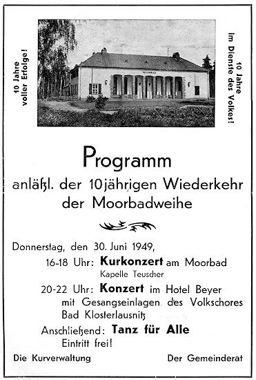 Festprogramm zur 10jährigen Wiederkehr der Moorbadweihe 